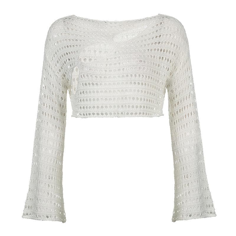 Knitted hollow out asymmetrical long flared sleeve crochet crop top