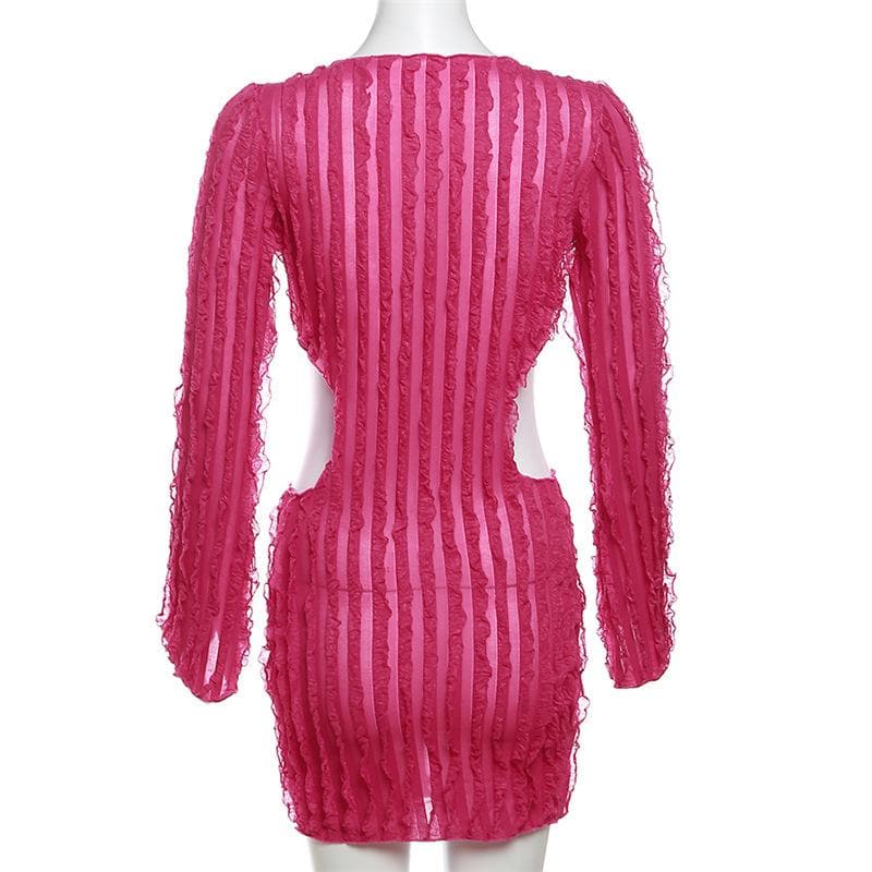 Long sleeve textured v neck hollow out ruffle mini dress