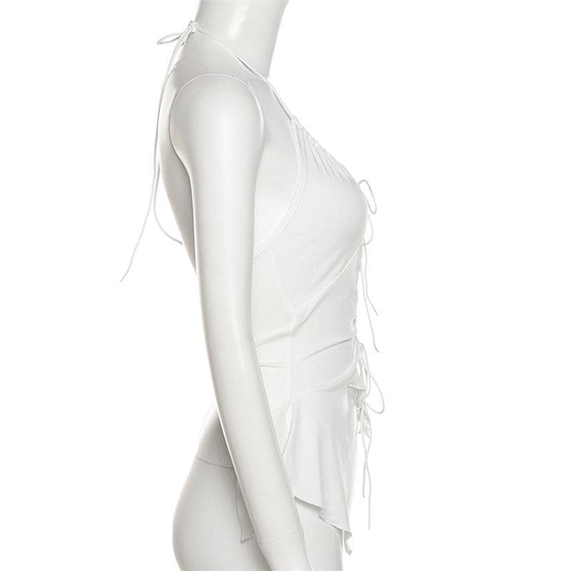 Hollow out ruched halter ruffled tie front top