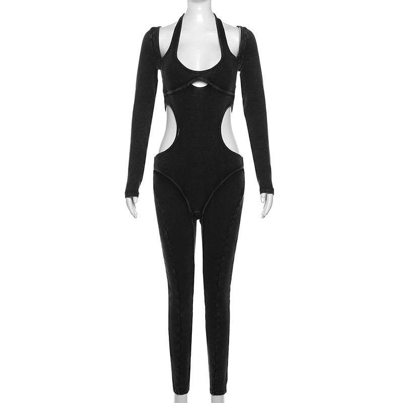 Ribbed hollow out long sleeve halter solid jumpsuit