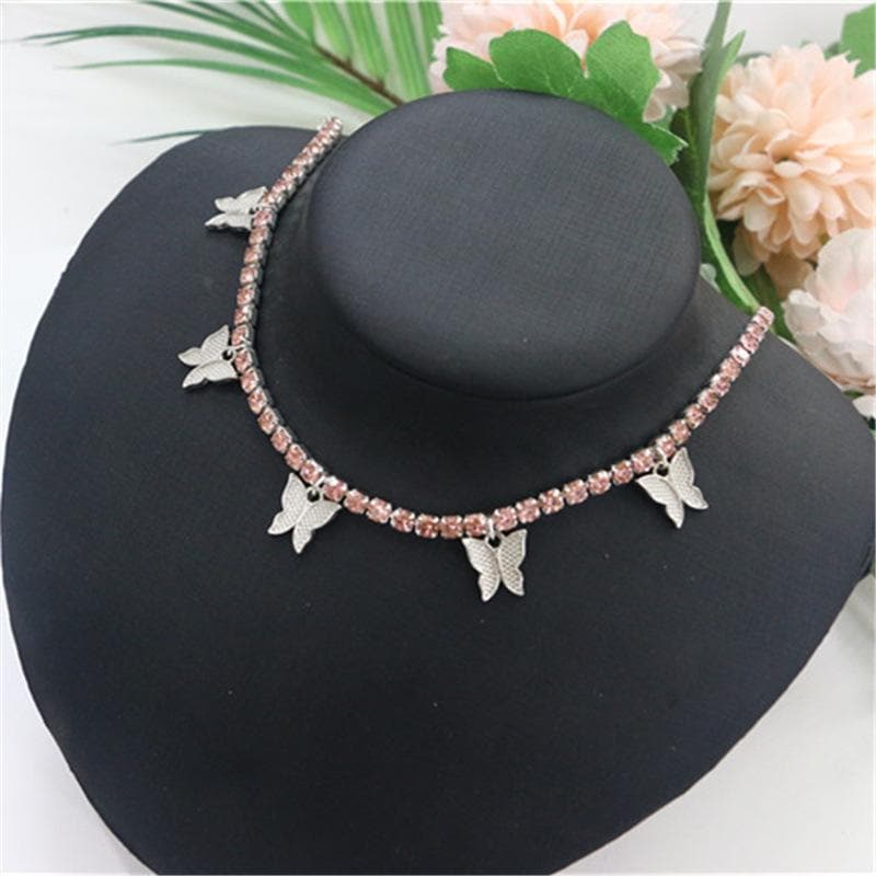 Rhinestone butterfly pendant choker necklace