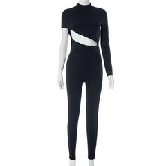 Hollow out irregular long sleeve high neck solid jumpsuit