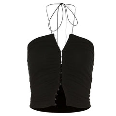 Einfarbiges Neckholder-Crop-Top mit Rüschen und selbstbindendem Rückenausschnitt und Knopfleiste 