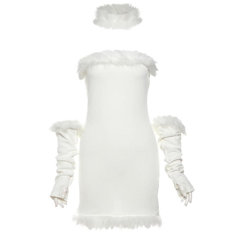 Feather gloves backless patchwork tube mini dress