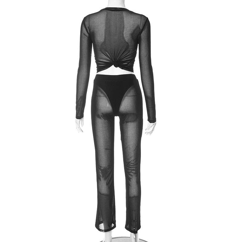 Mesh see through hollow out long sleeve solid pant set