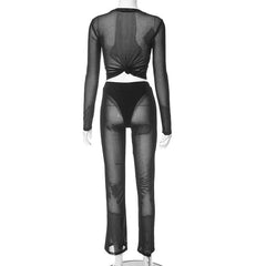 Mesh see through hollow out long sleeve solid pant set