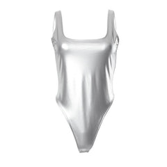 Ärmelloser, rückenfreier Bodysuit mit quadratischem Ausschnitt in Metallic