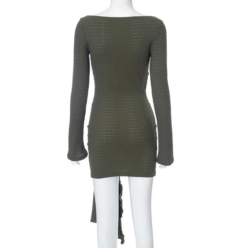 Textured o ring hollow out long sleeve self tie mini dress