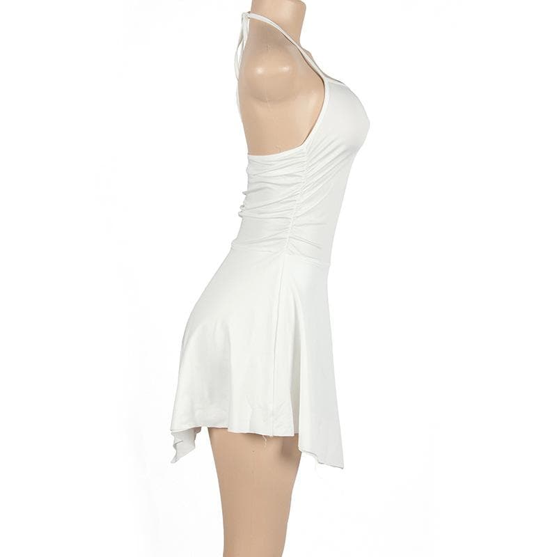 Halter self tie backless irregular ruched mini dress