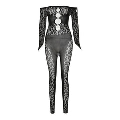 Hollow out gloves fishnet see through off shoulder long sleeve jumpsuit