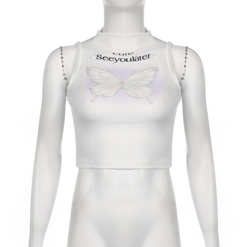 Top corto sin mangas con cuello alto y cadena de metal con estampado de mariposas - Oferta final 