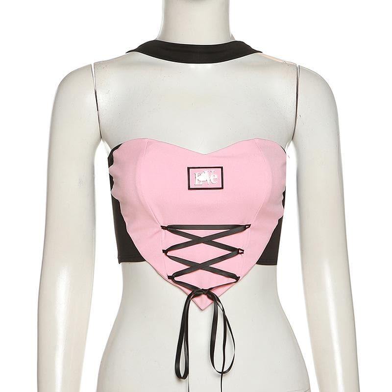 Love – Neckholder-Crop-Top mit Schnürung und kontrastierendem Herzmuster