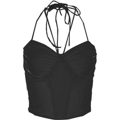 Neckholder-Crop-Top aus rückenfreiem, gerüschtem Korsett mit selbstbindendem Netzstoff