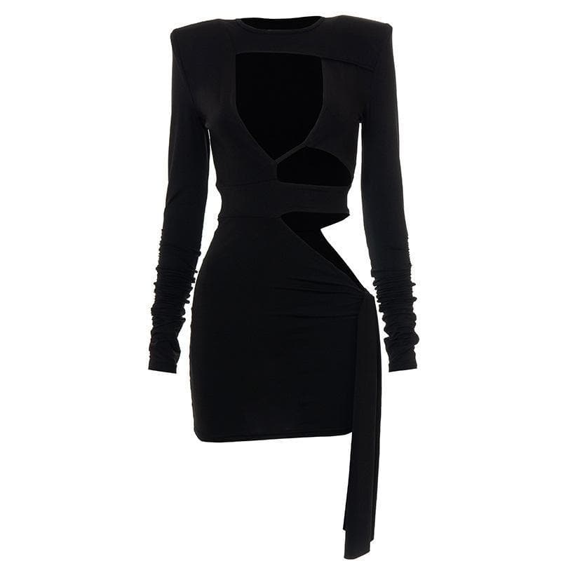 Hollow out long sleeve crewneck mini dress