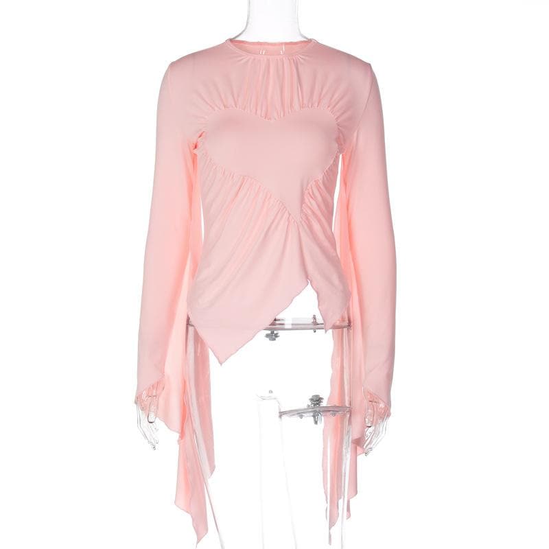 Irregular flared sleeve ruched crewneck solid top