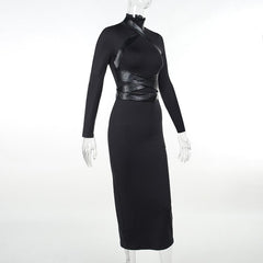 Cross front solid long sleeve PU leather high neck slit midi dress