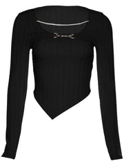 Long sleeve round neck metal chain buckle top