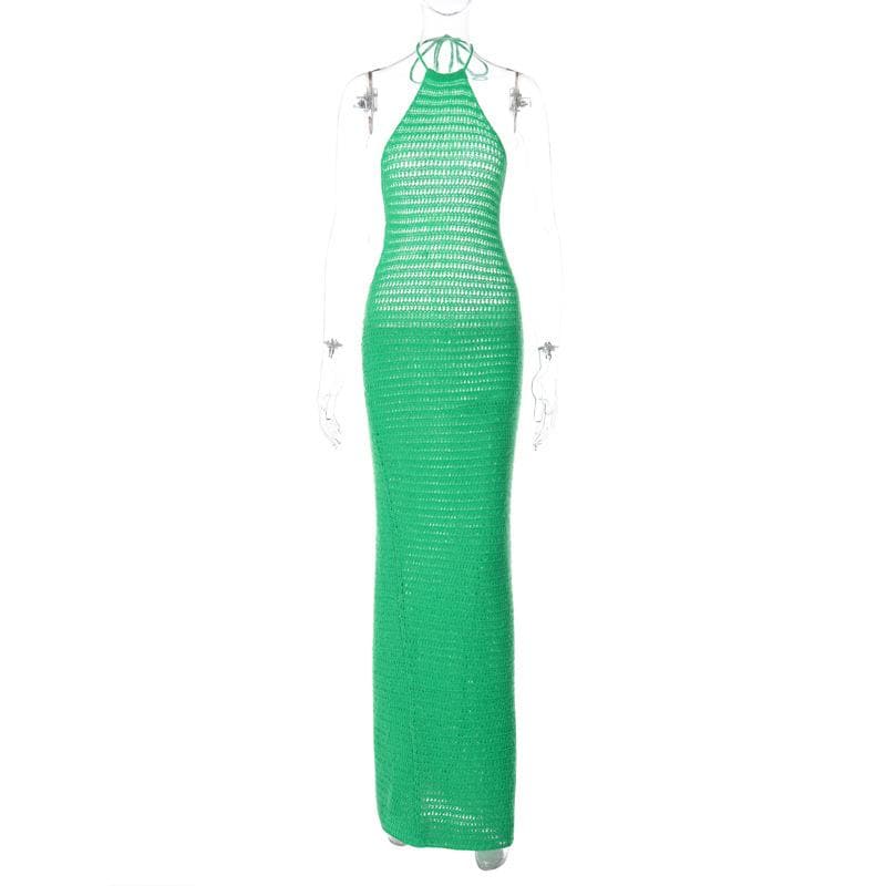 Crochet solid halter backless self tie maxi dress