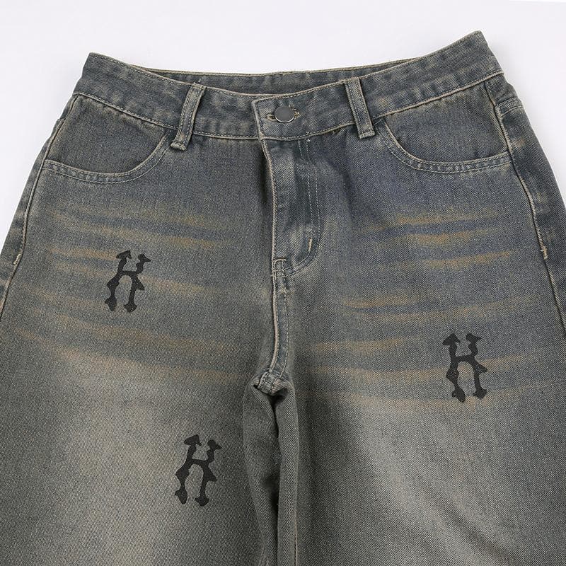 Jeans mit kontrastierendem „H“-Print und niedriger Taille 