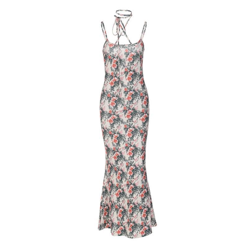 Flower print contrast halter cross back cami maxi dress