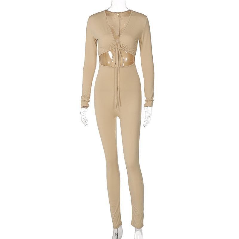 V-neck hollow out tie front jumpsuit