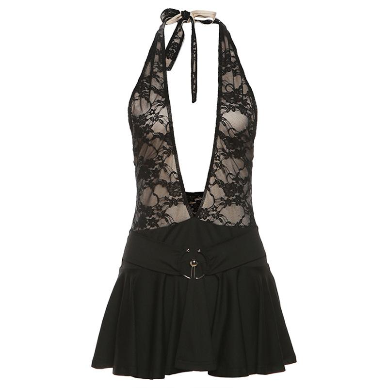 Cross front halter lace hollow out ruffle o ring mini dress