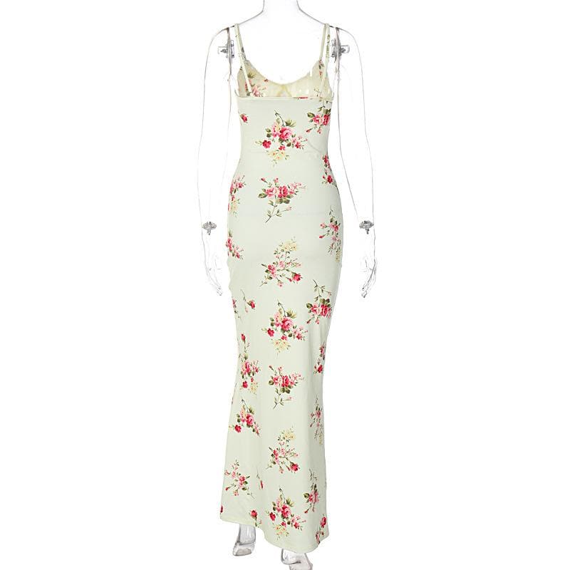 Contrast u neck backless flower print maxi dress