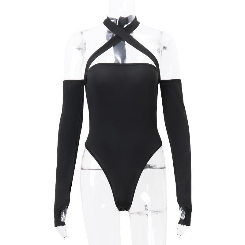 Langarmhandschuhe, schulterfreier Neckholder, überkreuzte Vorderseite, rückenfreier Bodysuit mit Schleife 