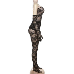 Lace see through gloves solid backless tube pant set