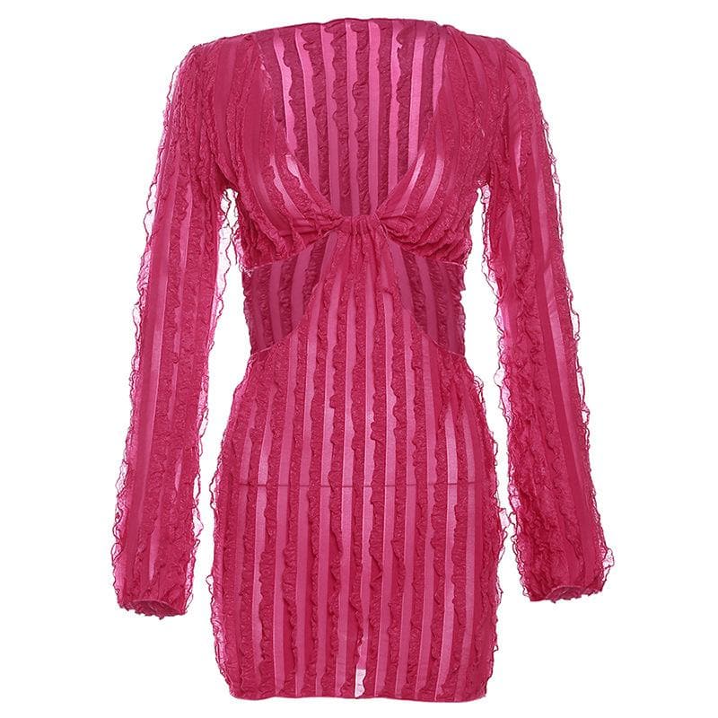 Long sleeve textured v neck hollow out ruffle mini dress