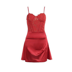 Lace satin solid corset zip-up ruched cami mini dress