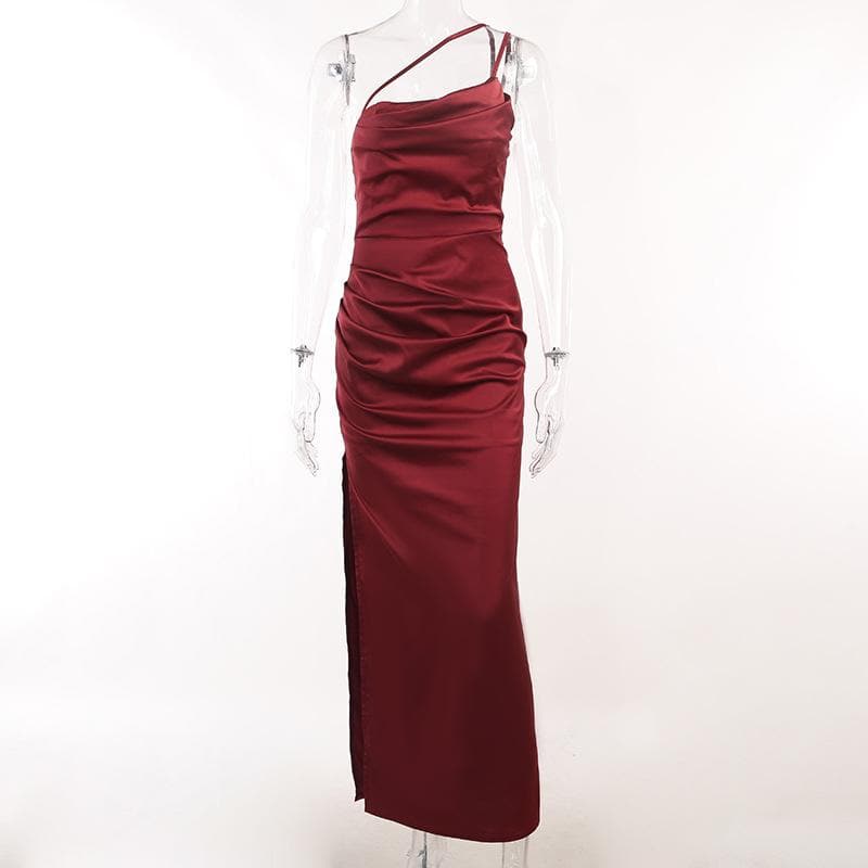 Einfarbiges, gerüschtes Midikleid aus Satin mit One-Shoulder-Schlitz