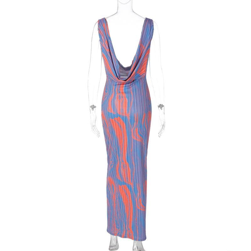 Contrast print cowl neck sleeveless backless maxi dress