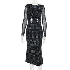 Polka dot contrast hollow out long sleeve mesh midi dress