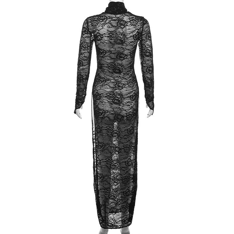 Lace long sleeve turtle neck see through slit gloves maxi dress