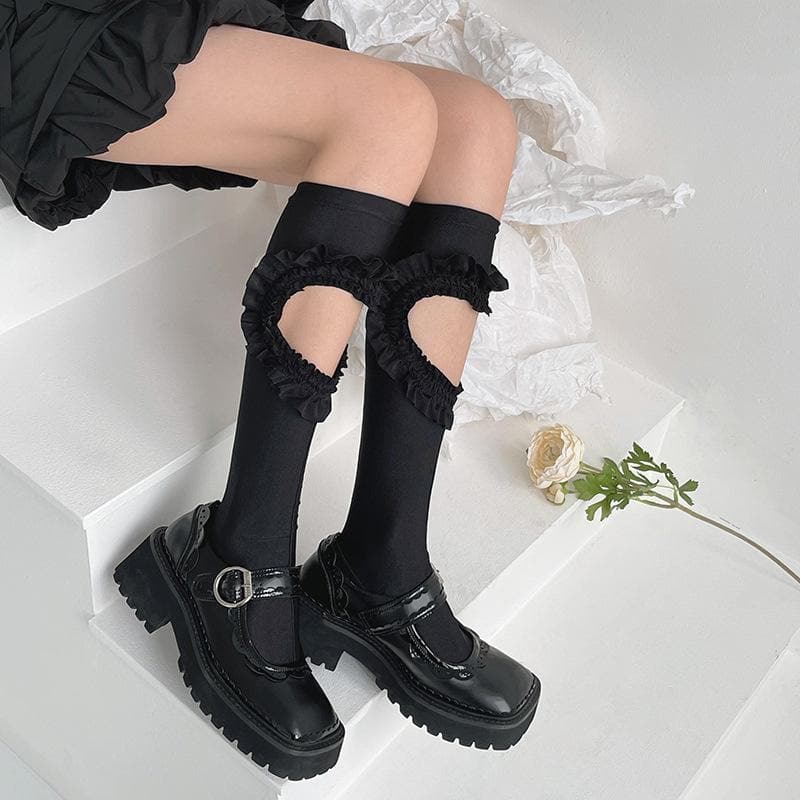 Hollow out heart shape solid knee high socks