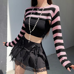 Knitted striped contrast long sleeve shrug top