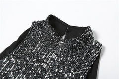 Glitter hollow out high neck button sleeveless mini dress
