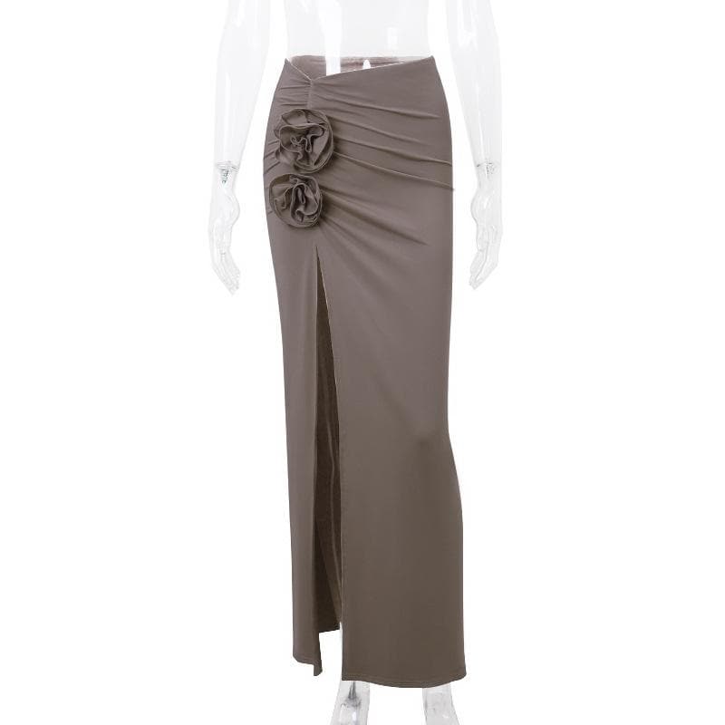 Ruched hight slit flower applique irregular solid maxi skirt