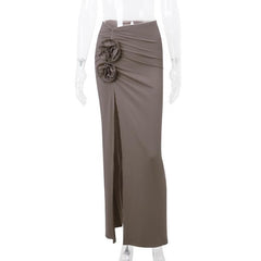 Ruched hight slit flower applique irregular solid maxi skirt