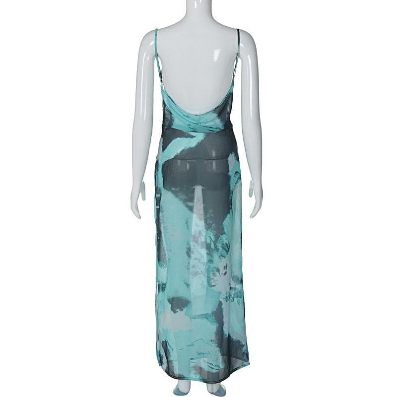 Slit chiffon tie dye contrast backless cowl neck cami maxi dress