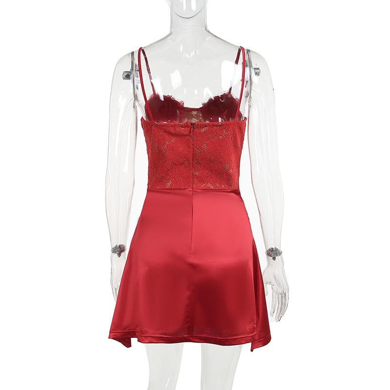 Lace satin solid corset zip-up ruched cami mini dress