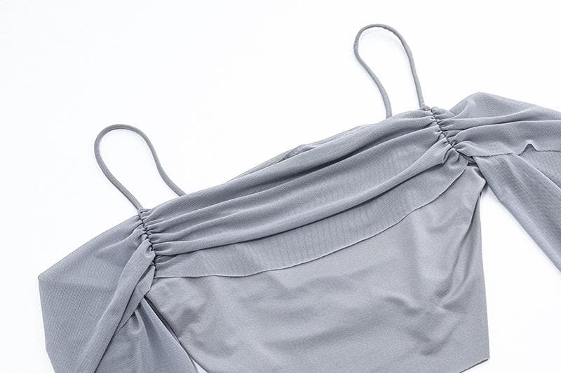 Gerüschtes, schulterfreies, langärmliges, kurzes Camisole-Oberteil aus Netzstoff