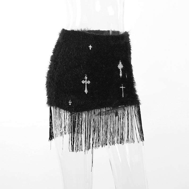 Tassels cross applique fluffy mini skirt