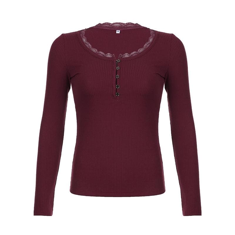 Ribbed long sleeve lace hem button solid top – OBEEY