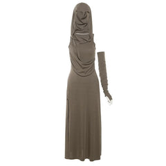 Hoodie ruched gloves irregular sleeveless slit maxi dress