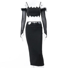 Solid hollow out mesh slit feather gloves midi skirt set