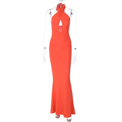 Cross front solid hollow out halter backless 2-way maxi dress