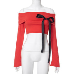 Bowknot applique ruched off shoulder long sleeve contrast top