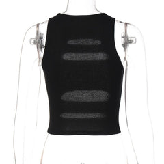 Sleeveless crewneck hollow out beaded contrast crop top